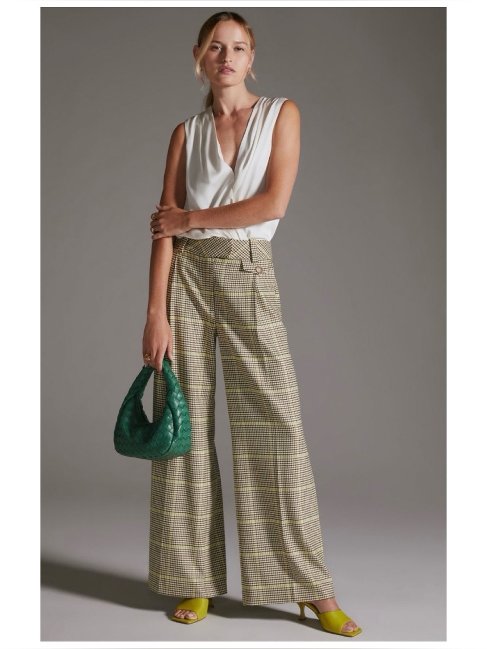 NWOT Anthropologie Exquise Plaid Wide Leg Trousers In Green Pattern Size Small